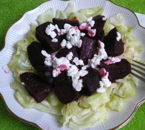 Beetroot Appetizer with Cabbage Garnish and Cottage Cheese in a Crock Pot Photo