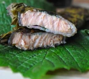 Grilled Salmon in Vine Leaves Photo